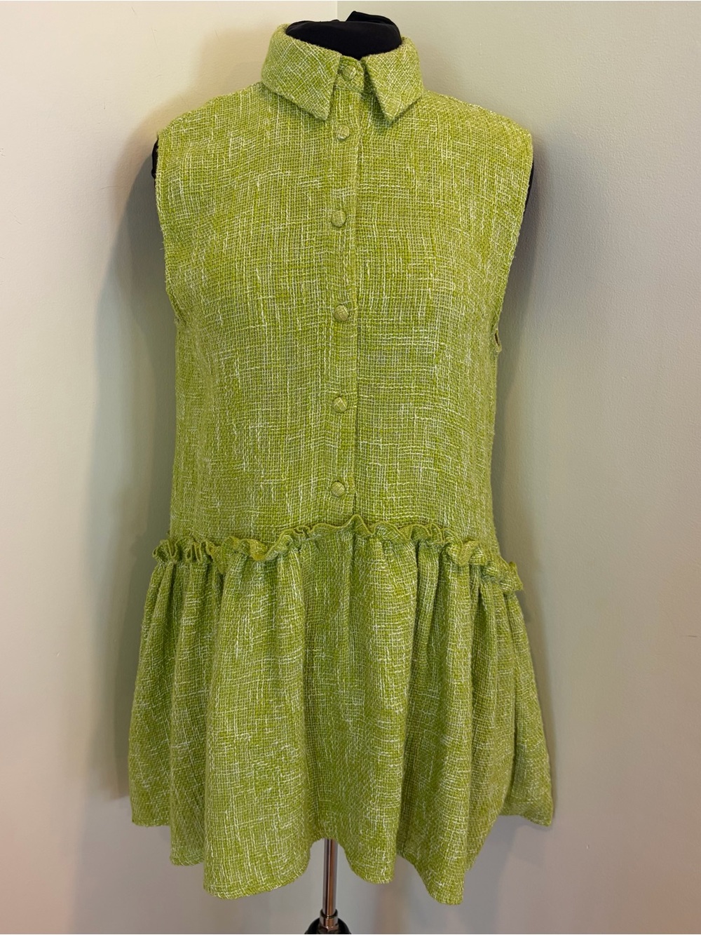ZARA TEXTURED MINI GREEN HEATHER WHITE KNIT COLLAR DRESS small - Picture 3 of 11
